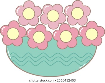 Pink Flower in Green Pot. Simple Cute Style Illustration.