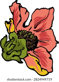Pink Flower With Green Sepal Colored Drawing