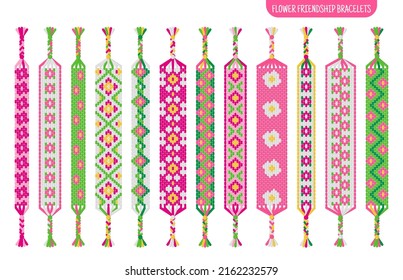 Pink flower handmade friendship bracelets set of threads or beads. Macrame normal pattern tutorial. Vector cartoon isolated illustration.