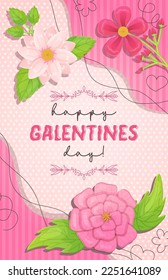 Pink flower Happy Galentines day greeting card. Stock vector illustration in cartoon style.