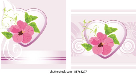 Pink flower with heart on the decorative background. Two Valentines cards. Vector