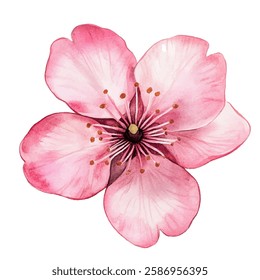 Pink flower illustration, isolated on white. Spring blossom element for design needs. Realistic petals and stamens. Vector clip art. Pink cherry flower, sakura bloom, spring card single design element