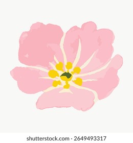 Pink flower illustration with yellow center. Simple, elegant flower. Pink petals, yellow center. Artistic, floral, pink flower art. Minimalist drawing. Vintage flower illustration vector.