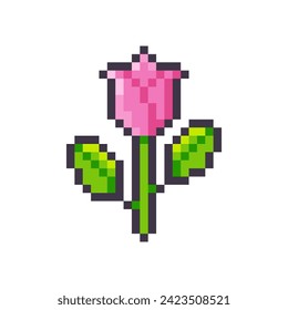 Pink flower with leaves isolated on white background. Rose icon. Game item. Design for stickers, mobile app. Vector pixel art illustration in 8-bit old style.