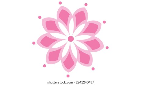 Pink flower logo with white background and pink dots on flower petals. Vector illustration. 9 petals symmetrical design.