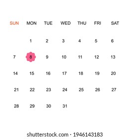 There’s a pink flower marked on the 8th on Calendar. The 8th March is International Women’s Day. Concept about female, feminine, celebrating, empowering women.