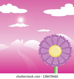 pink flower and mountain house vector