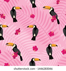 Pink flower on bird toucan pattern. Flat illustration of pink flower on bird toucan vector pattern for web design