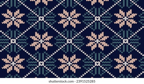 Pink flower on blue knitted pattern, Festive Sweater Design. Seamless Knitted Pattern