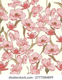 pink flower on light yellow pattern herbs and flower painted color line hand draw , line art , wildflower tiny flower ,botanical pastel retro and soft color 
pattern design for fabric,tile,carpet,seamless,print to wallpaper,flannel,scarf,cover book,box,illustration,decortion flower,vector,hawaii,boarder,ribbon,wristbard