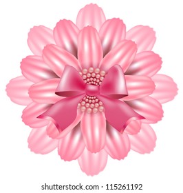 Pink flower on a white background decorated with ribbon and beads