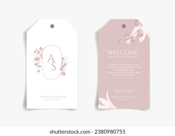 Pink flower on pink and white wedding gift card or thank you card, wedding tag, gift tag with front side and backside. Nature theme wedding card. Nature cover. Wedding tag card template.