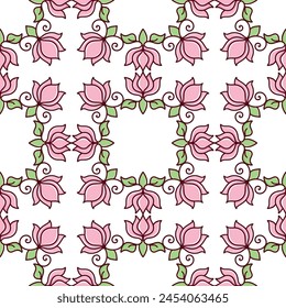 
Pink flower ornament pattern. Wallpaper in the style of Baroque. A seamless vector background. Geometric leaf ornament. Oriental style damask floral tile modern lux fabric design textile, all over 