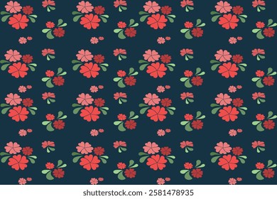 Pink Flower Pattern Blooming on Dark Blue Background 