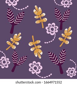 Pink flower pattern multicolored leaves purple background