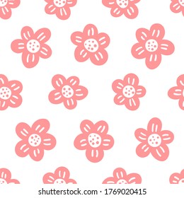 Pink flower pattern on white background. Vector seamless spring themed flower pattern. Great for wallpaper, web background, wrapping paper, fabric, packaging, greeting cards, invitations and more.