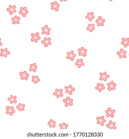 Pink flower pattern on white background. Vector seamless spring themed flower pattern. Great for wallpaper, web background, wrapping paper, fabric, packaging, greeting cards, invitations and more.