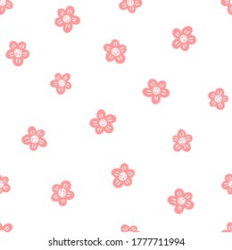 Pink flower pattern on white background. Vector seamless spring themed flower pattern. Great for wallpaper, web background, wrapping paper, fabric, packaging, greeting cards, invitations and more.