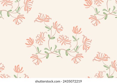 Pink flower pattern seamless background border frame. Vector illustration hand drawn peach pink floral with branches leaves. Honeysuckle 