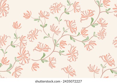 Pink flower pattern seamless background border frame. Vector illustration hand drawn peach pink floral with branches leaves. 