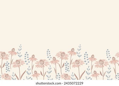 Pink flower pattern seamless background border frame. Vector illustration hand drawn peach pink floral with branches leaves. 