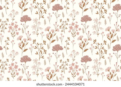 Pink Flower pattern seamless ditsy embroidery background border. Pink Flower doodle. Vintage minimal style vector illustration. Hand drawn