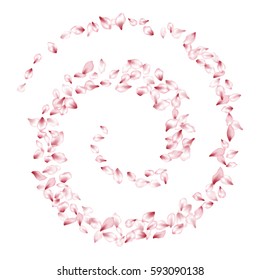Pink Flower Petal Confetti Vector. Floral pattern on white background. Spring blossom isolated elements twisted in swirl. Cherry bloom parts whirlpool. Seasonal confetti ordered in spiral shape.
