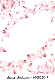 Pink Flower Petal Confetti Vector Frame on White Background. Spring blossom isolated elements floral pattern design. Cherry bloom parts oval border, ring with place for text.