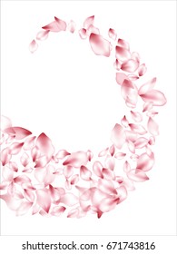 Pink Flower Petal Confetti Vector Curl. Floral pattern on white background. Spring blossom isolated elements. Cherry bloom parts.  Flowers petals wave. 