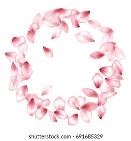 Pink Flower Petal Confetti Vector Frame on White Background with Text Place. Spring blossom isolated elements floral pattern design. Cherry bloom parts round border, petals ring with place for text.