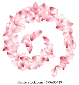 Pink Flower Petal Confetti Vector Spiral Shape. Floral pattern on white background. Spring blossom isolated elements twisted in swirl. Cherry bloom parts whirlpool. Seasonal confetti of flying petals.