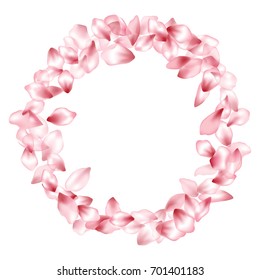Pink Flower Petal Confetti Vector Frame Border on White Background with Text Place. Spring blossom petals isolated floral design. Cherry bloom flower parts round border, petals ring, wreath.