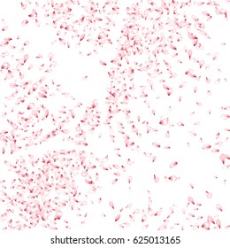 Pink Flower Petal Flying Confetti Vector Pattern on White Background. Spring blossom isolated elements. Pink sakura, apple, peach or apricot petals flying EPS 10 vector.