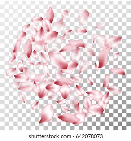 Pink Flower Petal Flying Confetti Vector Round Pile. Spring blossom elements, cherry bloom parts, apple or peach petals flying. Floral isolated pattern on transparency white and gray grid background. 