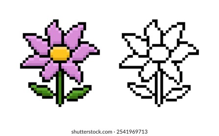 Flor rosa em estilo pixel art. Ilustração de vetor retro simples