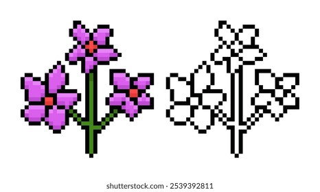 Flor rosa em estilo pixel. Ilustração de vetor