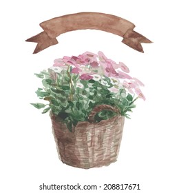 Pink flower in a flower pot, beige ribbon set on white background. Watercolor. Sketch. vector