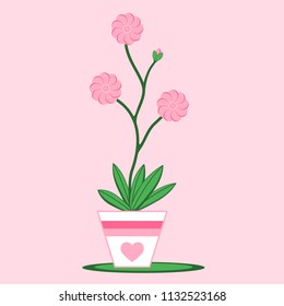 Pink flower in a pot with a heart. A flower with blossoms in pink and green leaves. The pot is decorated with a heart.