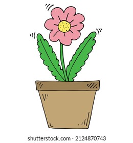 Pink flower in a pot. Vector doodle spring illustration