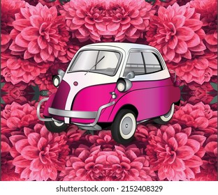 PINK FLOWER PRINT CAR VINTAGE