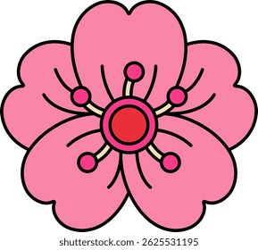A pink flower with red dots in the center. The flower is drawn in a cartoon style