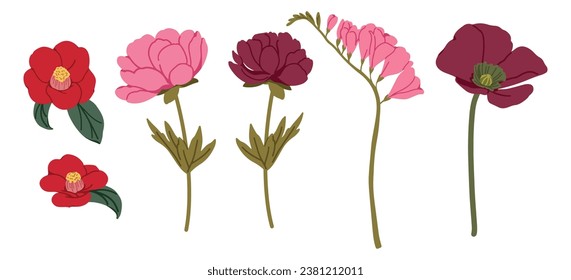 Pink flower and red flower illustration on a white background. Set of summer flowers on white wallpaper. Simple flat modern drawing. Vector illustration.