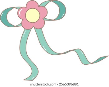 Pink Flower With Ribbon. Simple Cute Style Illustration.