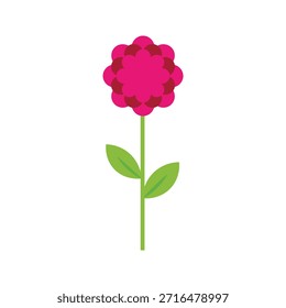 Flor rosa con pétalos redondeados Ilustración vectorial plana con tallo verde y hojas