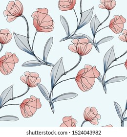 Pink Flower seamless pattern, illustration vector by free hand doodle floral art, watercolor technique by hand drawn, for textile printed or wedding card background