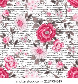 Pink Flower Seamless Pattern On Handwriting Text Background