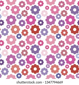 Pink flower seamless pattern.  Simple flower icons, pink, red and purple colors. Vector pattern without background.