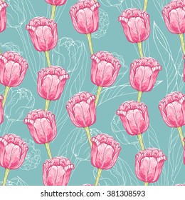 Pink flower seamless pattern; vector background; spring hand drawn floral illustration on turquoise background; tulip festival