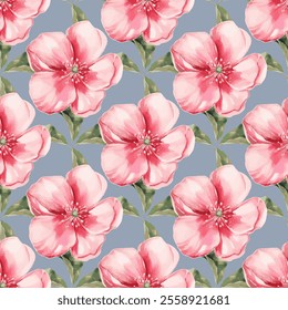 Pink flower seamless Trendy flowers blossom, chamomile floral print on blue texture background