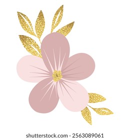 Pink flower with shining golden leaves. Gentle botanical composition